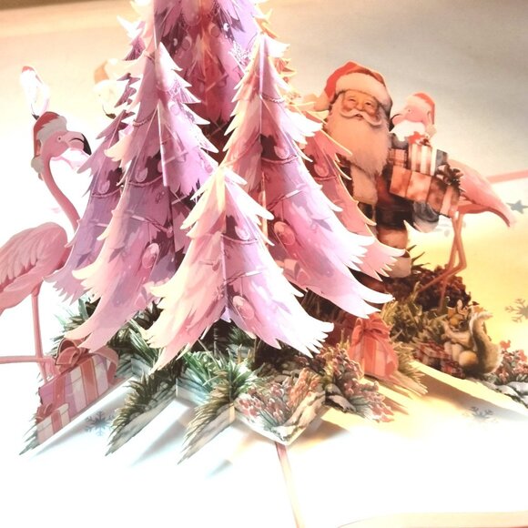 3D Christmas Card Flamingo Tree Santa Pink - Picture 2 of 14